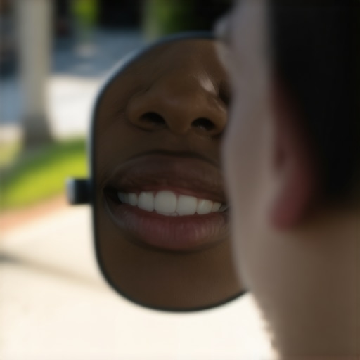 Testing Dental Veneer Shades in Natural Light A patient evaluating the natural appearance of dental veneers in sunlight.