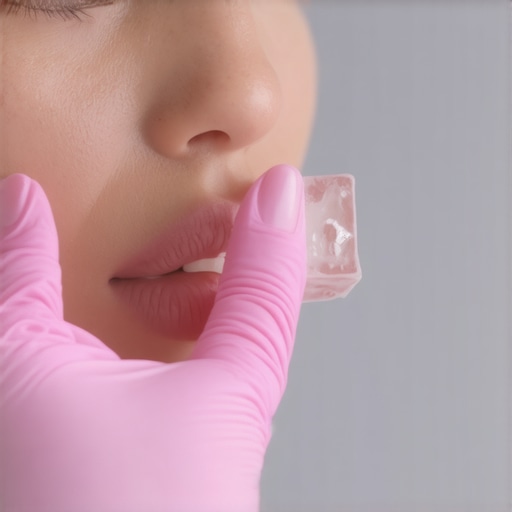 Close-up of person performing an ice cube sensitivity test on their chin after dental surgery.