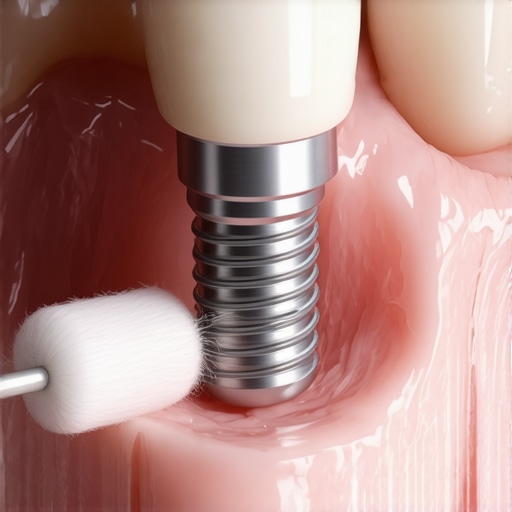 Testing a loose healing abutment with a cotton swab A dental implant healing cap being checked for mobility using a Q-tip.