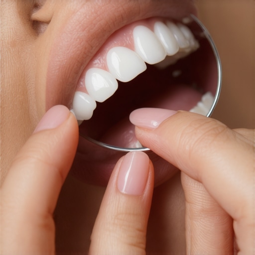 Testing dental bridge stability at home Close-up of a person checking a loose dental bridge with a finger and mirror.