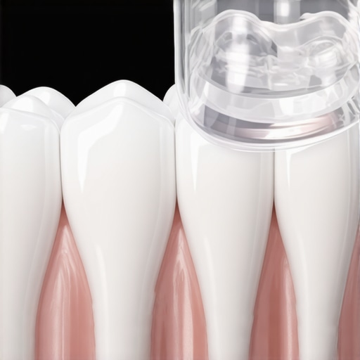 A clear dental night guard held near a molar with a porcelain crown to demonstrate proper alignment.