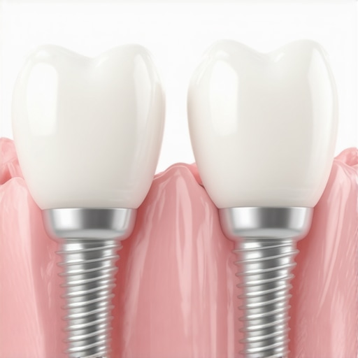 Detailed 3D view of a dental implant showing the crown and post integrated into the jawbone.