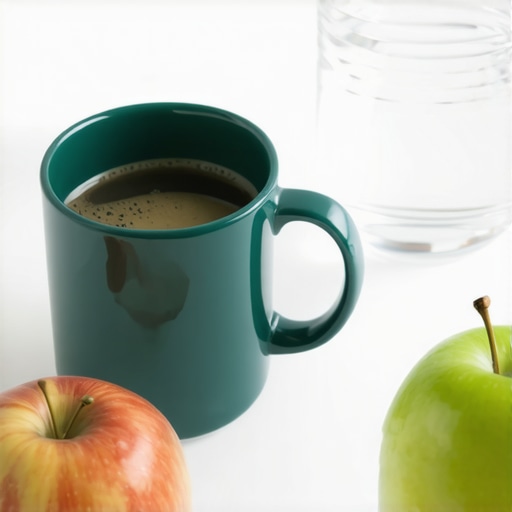 The Coffee and Water Neutralization Method A cup of coffee next to a glass of water and an apple, showing tools for dental health while drinking coffee.