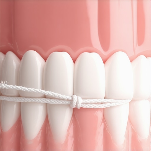 A close-up of a knotted piece of dental floss used to remove stuck debris between teeth.