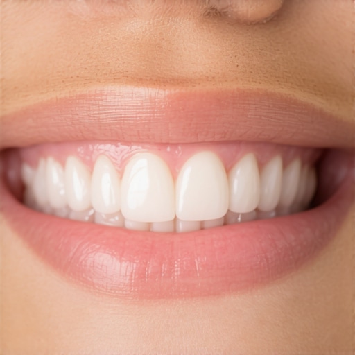 Close-up of healthy gums and realistic porcelain veneers