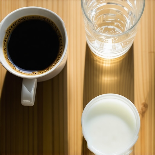 Coffee, water, and milk on a table representing dental acid buffering.
