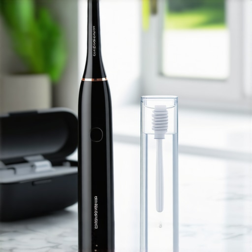 Modern dental tools including a sonic toothbrush and water flosser for veneer and implant care