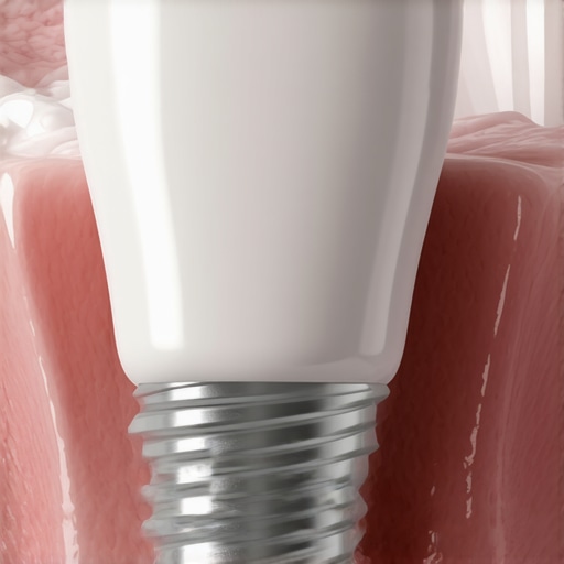 Close up of a dental implant crown merging naturally with healthy pink gum tissue