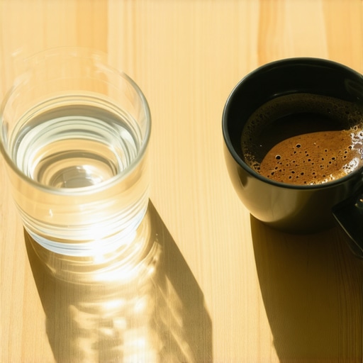 A glass of water and a coffee cup side-by-side illustrating the rinse and roll method.