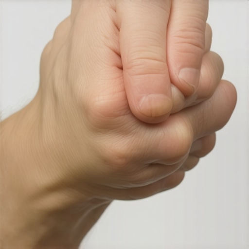 A hand showing how to tuck the thumb into a fist to stop gagging while brushing teeth.
