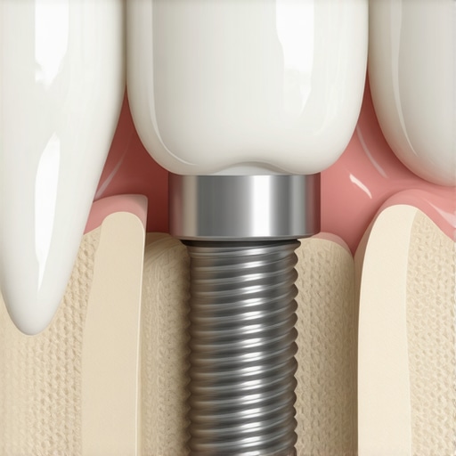 A dentist using a precision tool to secure a loose dental implant crown.