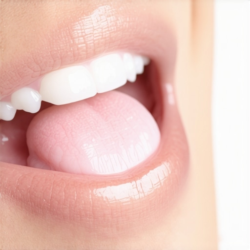 Close-up of a tongue scraper removing white film from a tongue.