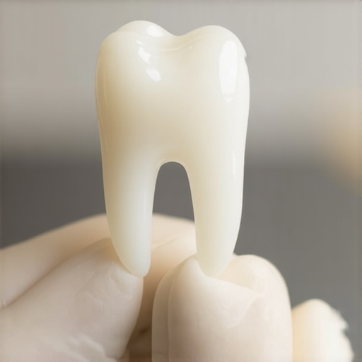 Translucent Porcelain Veneer Quality A dentist holding a natural-looking porcelain veneer showing the translucency needed for a perfect smile transformation.
