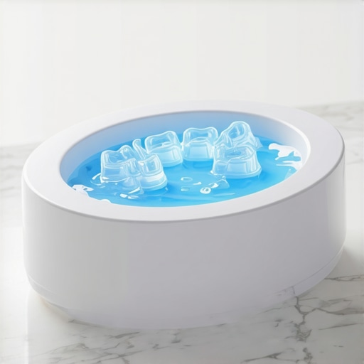 Ultrasonic Dental Cleaner for Long-Term Maintenance High-tech ultrasonic pod cleaning clear aligners on a bathroom counter.