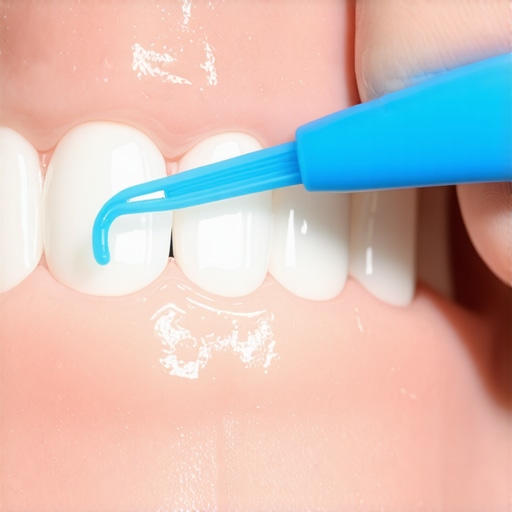 Close-up of a floss threader being used to clean under a dental bridge restoration.