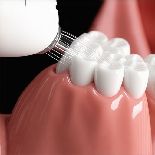 Close-up of water flosser cleaning a dental bridge to maintain oral hygiene
