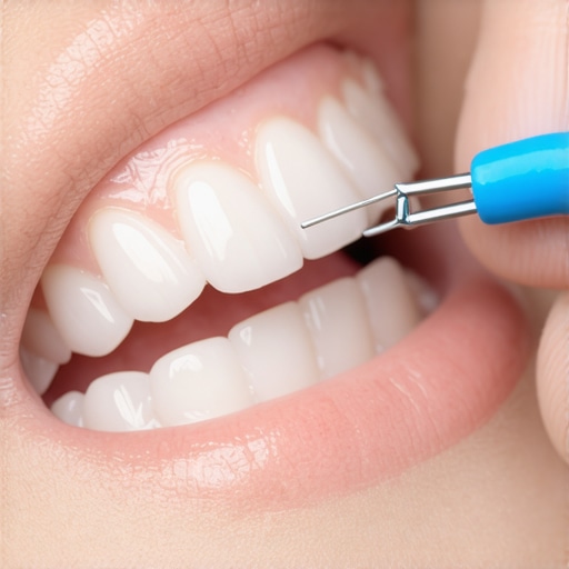 Using a floss threader for a dental bridge Close-up of cleaning under a dental bridge with a specialized floss threader