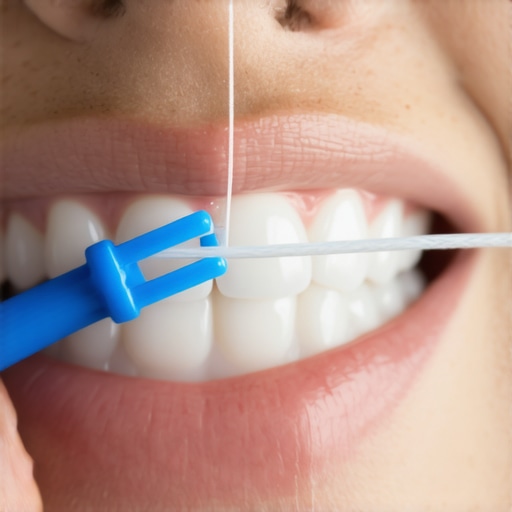 Close up of a hand threading dental floss under a permanent retainer wire.