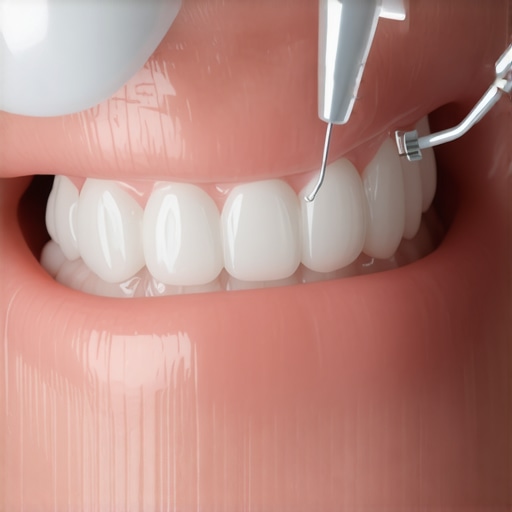 Dental floss threader passing under a permanent wire retainer on bottom teeth