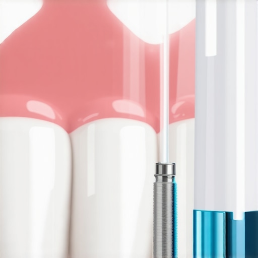 Using a water flosser for dental implant hygiene A water flosser cleaning the base of a dental implant crown to remove plaque safely.