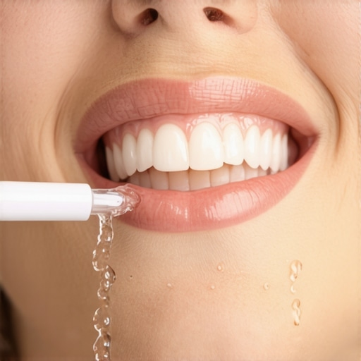 Using a water flosser to relieve gum pressure Close up of water flosser cleaning teeth and gums