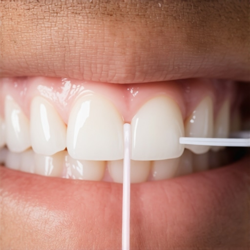 Using the floss test to check for teeth shifting Close-up of dental floss between crowded front teeth illustrating tooth pressure.