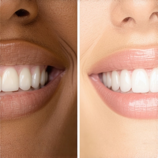 Comparing how porcelain veneers look in natural sunlight versus clinical office lighting.