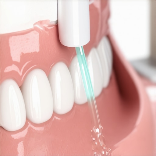 Veneer Maintenance with a Water Flosser Close up of water flosser cleaning porcelain veneer margins
