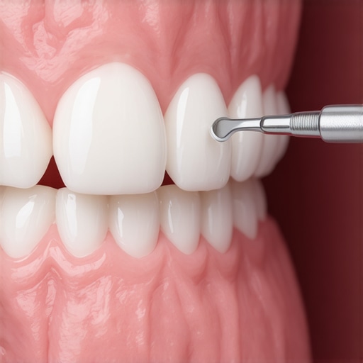 A close-up view of a dental professional checking the hygiene and health of the gum line around a porcelain veneer.