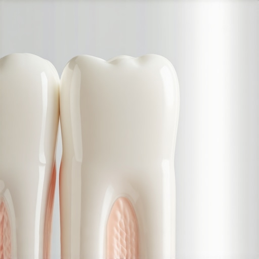Veneer and Natural Tooth Comparison Close-up comparison of a porcelain veneer and a natural tooth showing translucency and gum integration.