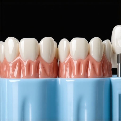 A close-up of a dental veneer and crown on a clinical tray used for tooth restoration.