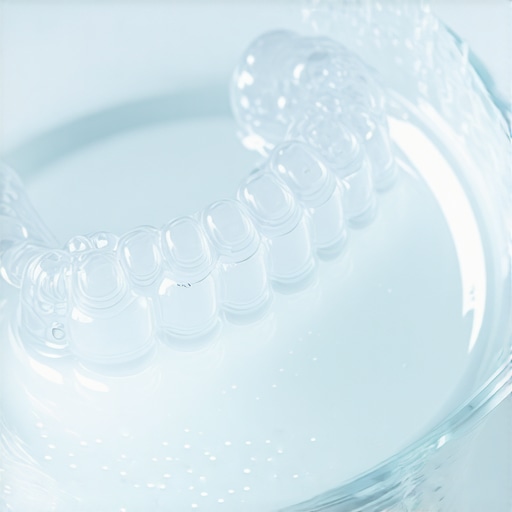 Vinegar Soak for Retainer Sanitization A clear retainer soaking in a vinegar and water solution to remove bacteria and mineral buildup.