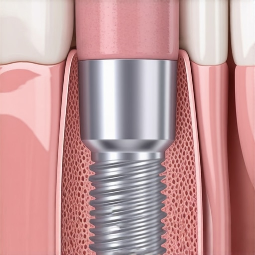 A 3D cross-section diagram of a dental implant illustrating the emergence profile and gum tissue interaction.
