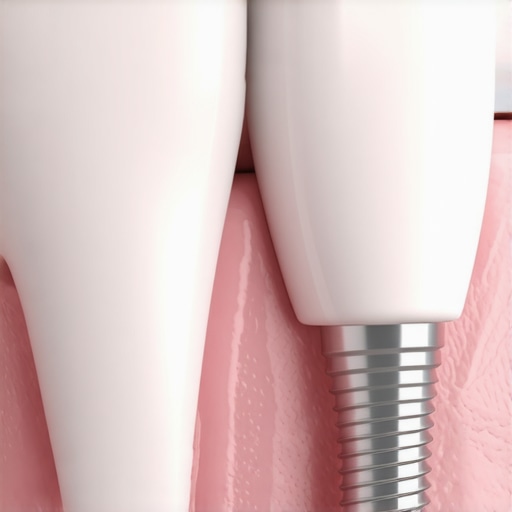 A close-up dental diagram illustrating a tooth-colored zirconia abutment and porcelain crown beautifully integrated with healthy pink gums