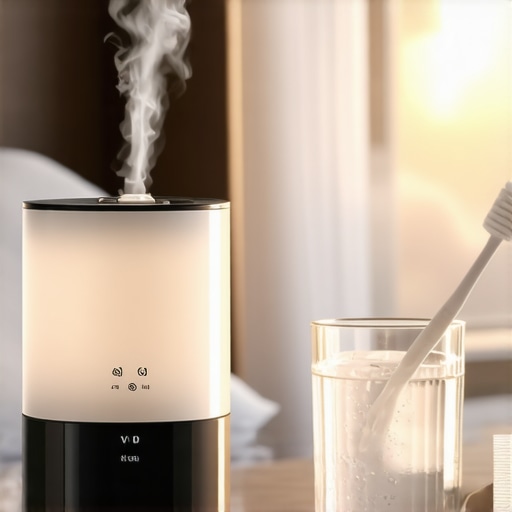 Bedroom humidifier and water glass for dry mouth prevention A humidifier and a glass of water on a nightstand to prevent dry mouth and bleeding gums overnight