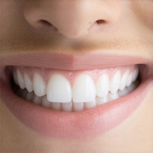 Healthy Gums Supporting Dental Implants Healthy pink gums surrounding perfect dental restorations demonstrating great oral hygiene.