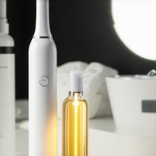 A sonic toothbrush and water flosser displayed on a minimalist bathroom vanity